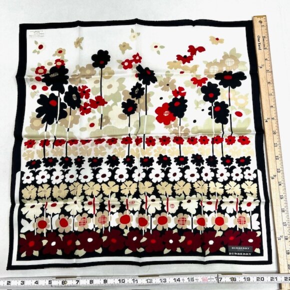 NewTag Burberry Miniscarf/handker19.5" Cotton/Silk Black White Red Floral(14) - Picture 8 of 8